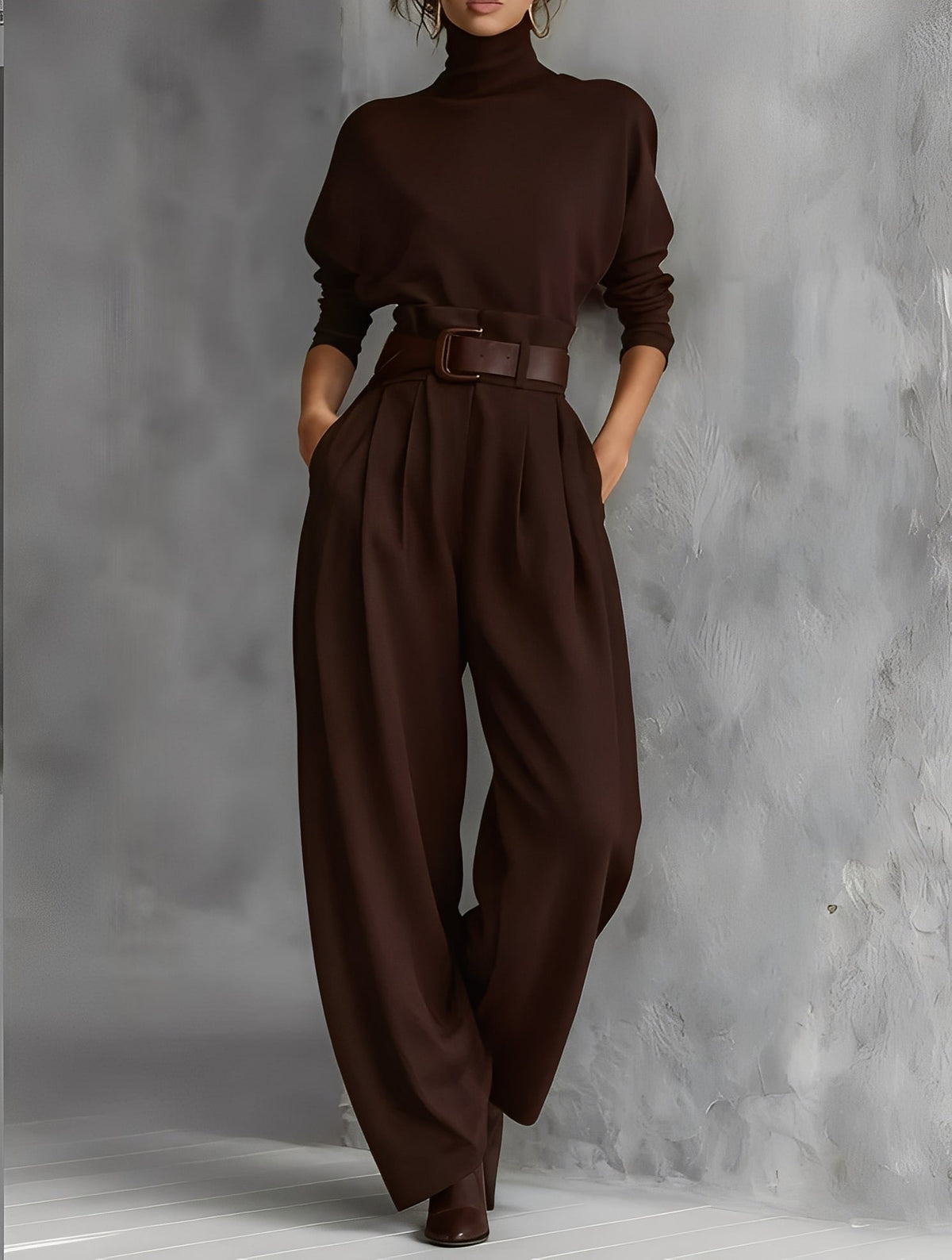 Women's chocolate brown belted turtleneck and wide-leg pant set