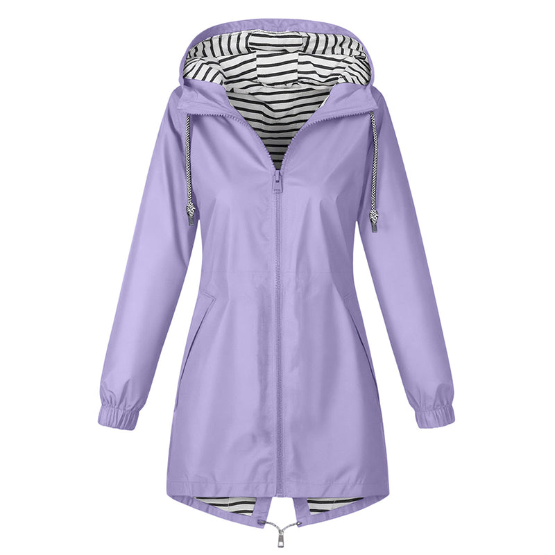Light purple hooded rain jacket with striped lining on a white background