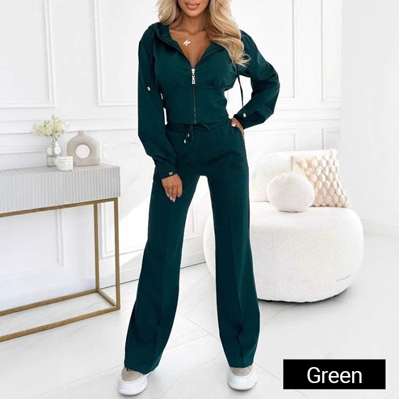 Green women's zip-up two-piece sportswear set