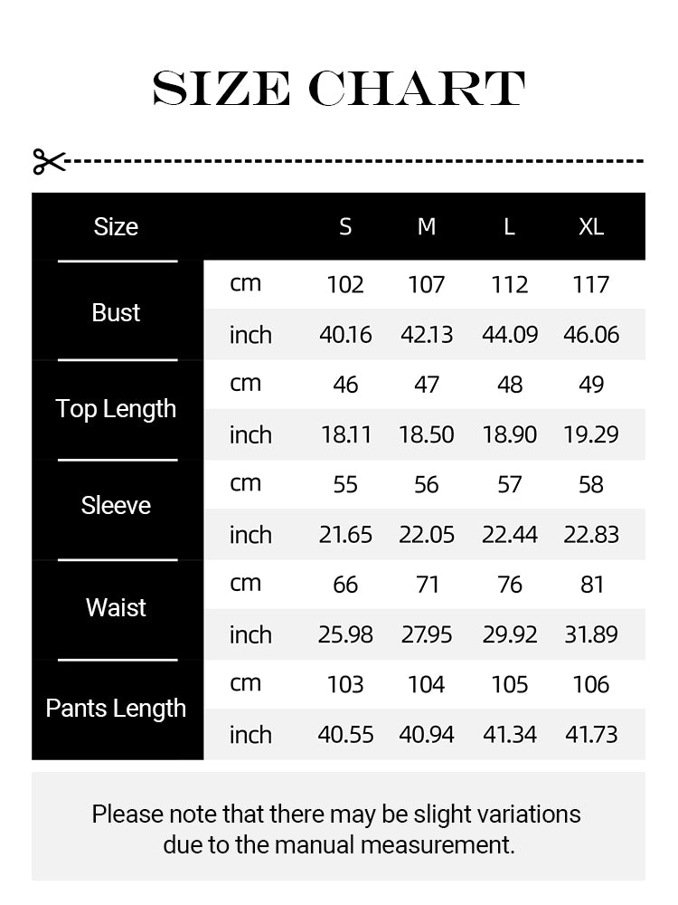 Women's two-piece sportswear set size chart