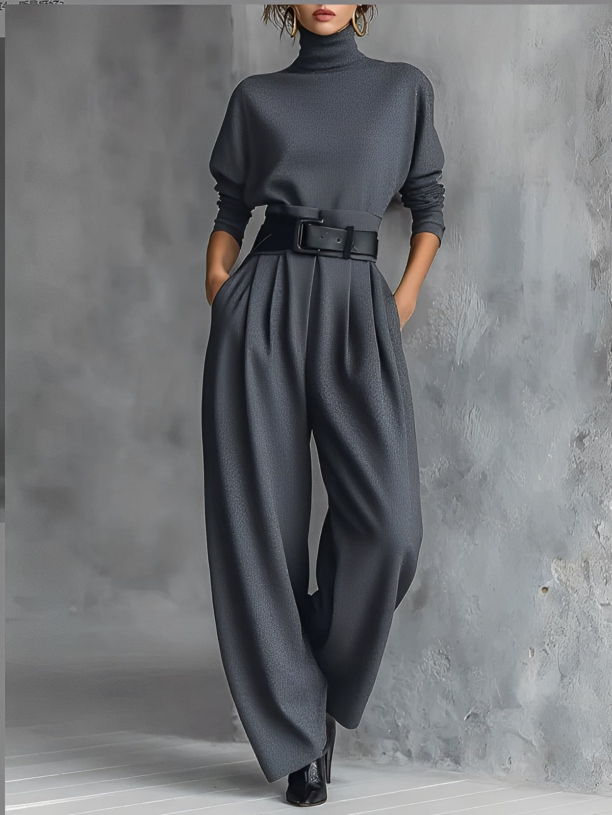 Women's charcoal gray belted turtleneck and wide-leg pant set