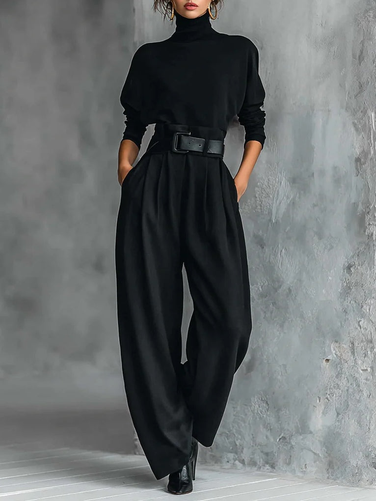 Women's black belted turtleneck and wide-leg pant two-piece set