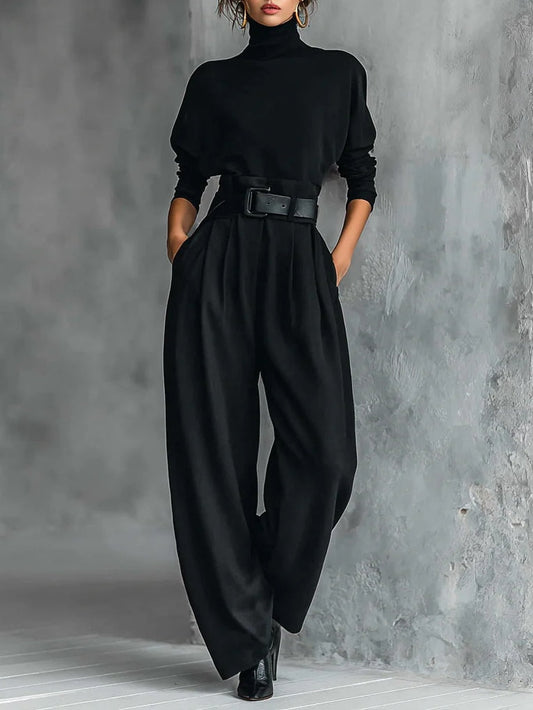 Women's black belted turtleneck and wide-leg pant two-piece set