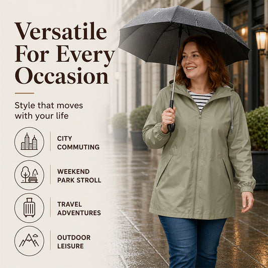 Woman wearing an army green hooded rain jacket under an umbrella