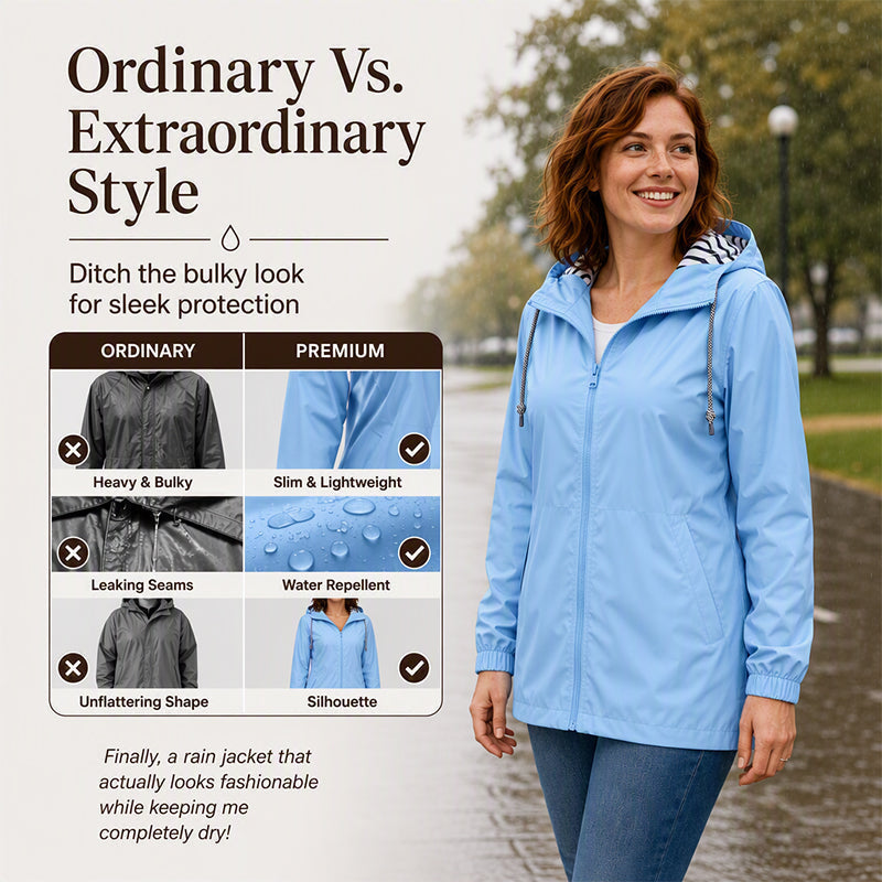 Light blue hooded rain jacket shown in a lightweight water-repellent comparison