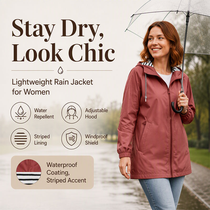 Woman wearing the rouge lightweight hooded rain jacket with an umbrella