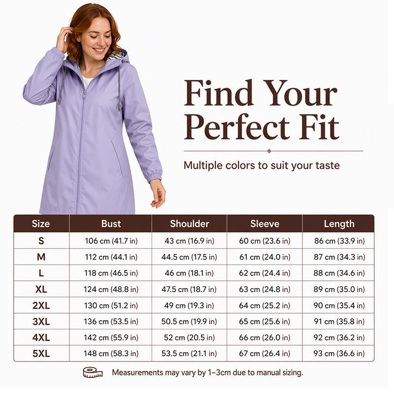Women's hooded jacket size chart from S through 5XL