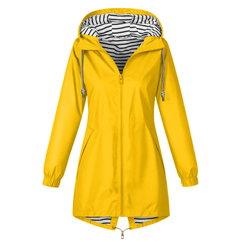 Yellow hooded rain jacket with striped lining on a white background