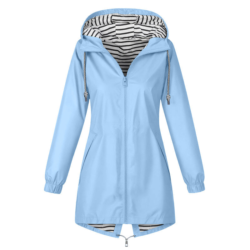 Light blue hooded rain jacket with striped lining on a white background