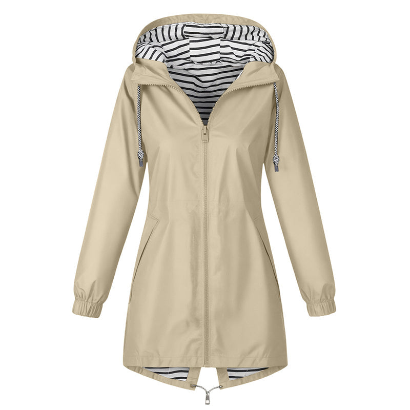 Khaki hooded rain jacket with striped lining on a white background