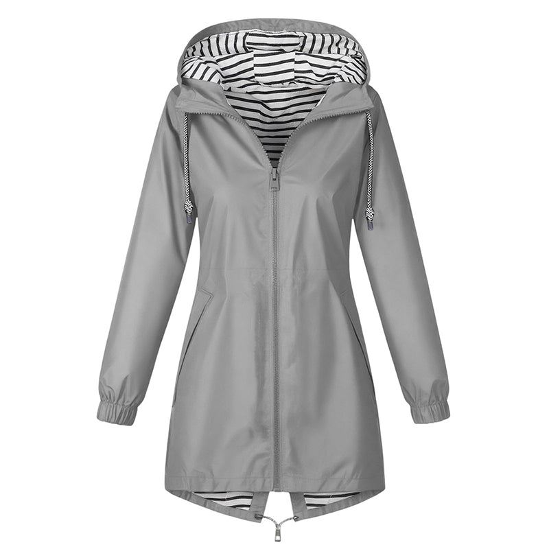 Grey hooded rain jacket with striped lining on a white background