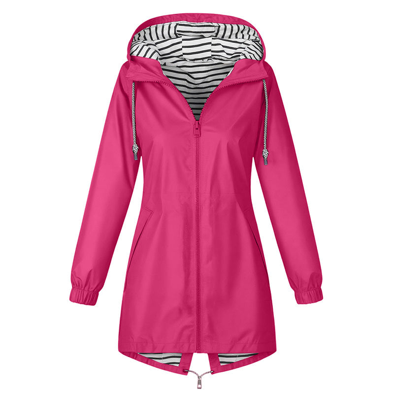 Rose red hooded rain jacket with striped lining on a white background