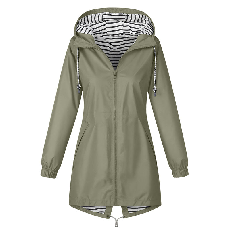 Army green hooded rain jacket with striped lining on a white background