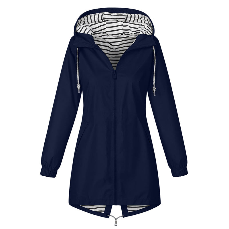 Dark blue hooded rain jacket with striped lining on a white background