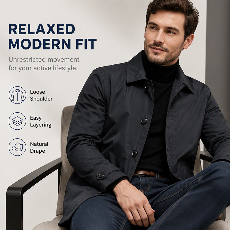 Black men's trench coat showing a relaxed modern fit