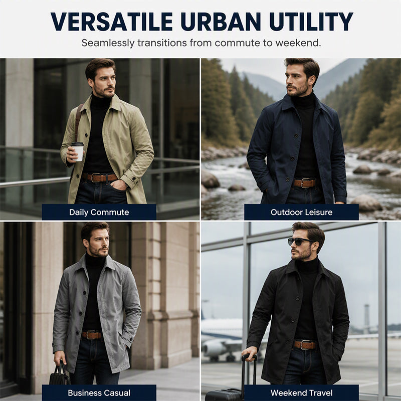 Men's trench coats styled for commute, leisure, business, and travel
