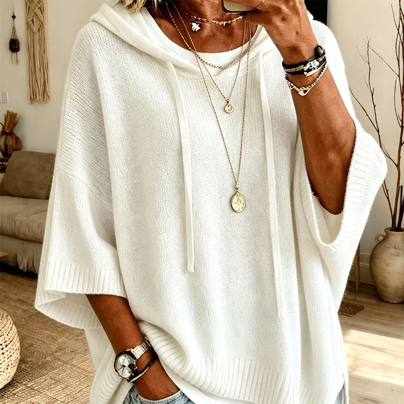 White women's hooded drawstring knit pullover