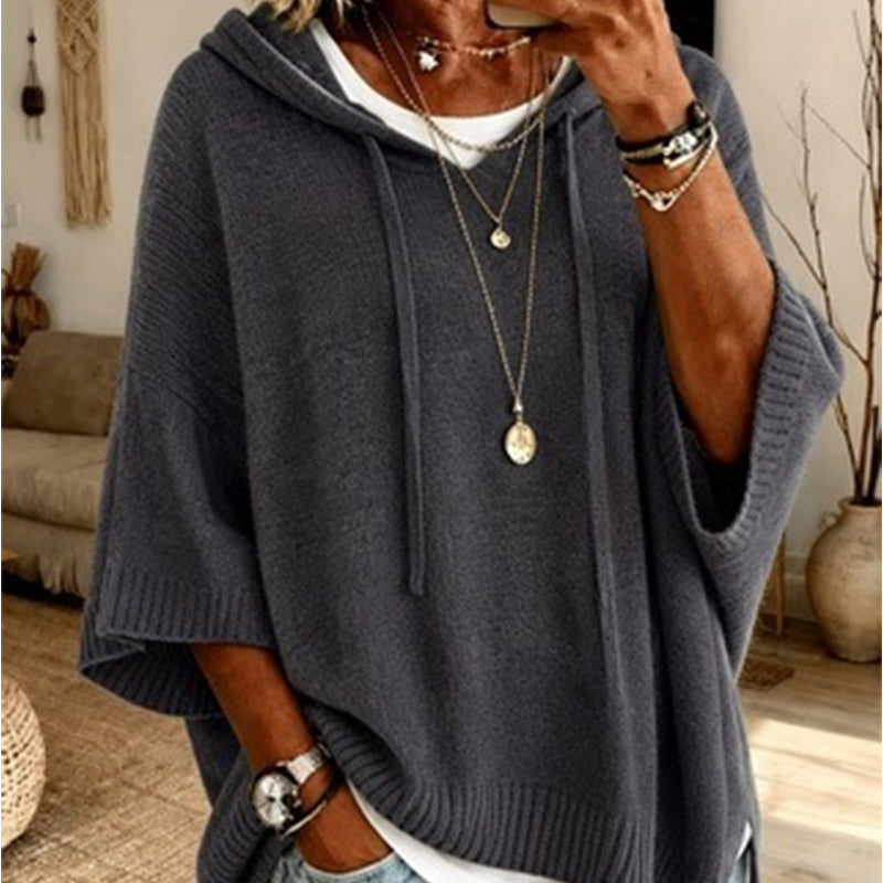Grey women's hooded drawstring knit pullover