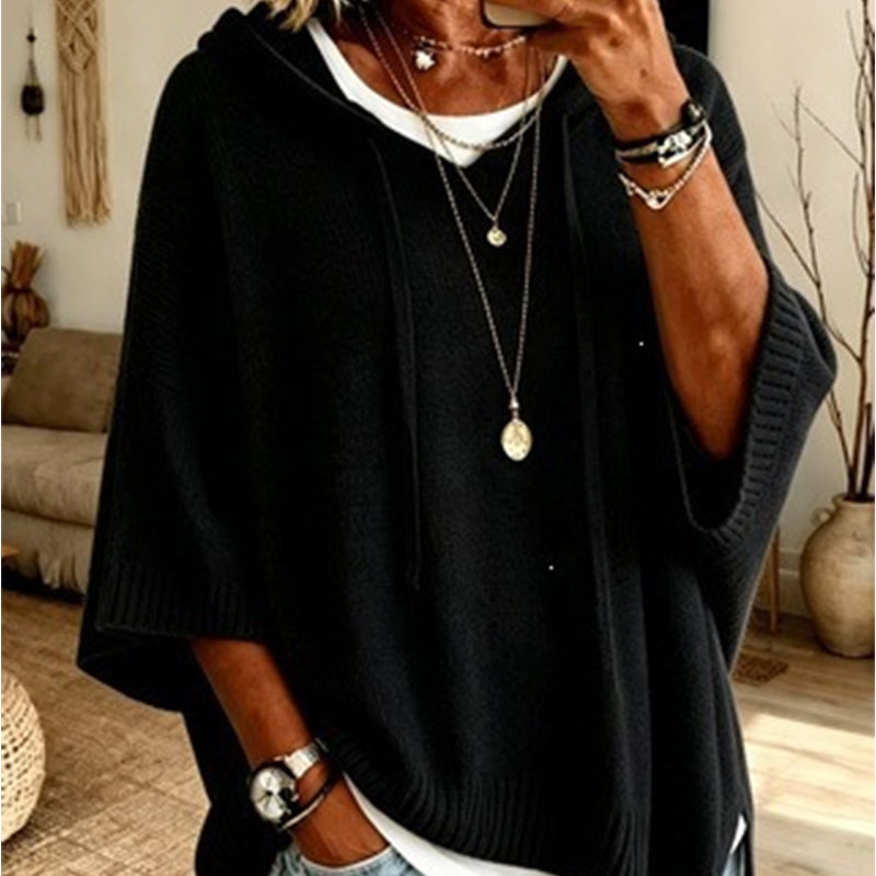Black women's hooded drawstring knit pullover