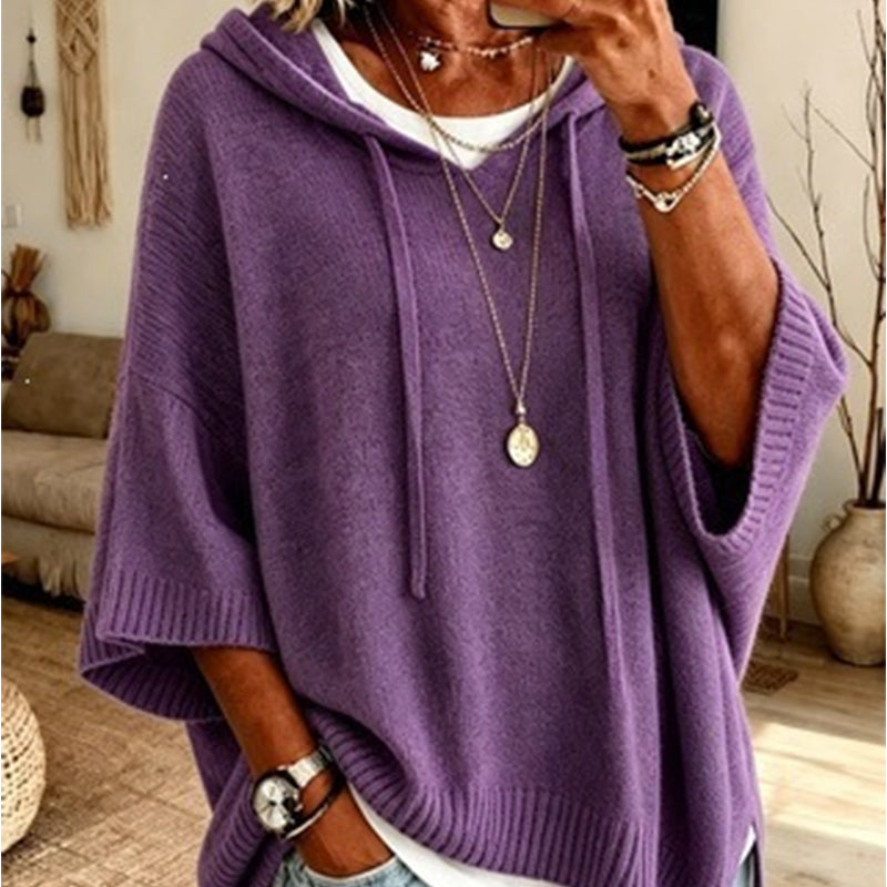 Purple women's hooded drawstring knit pullover