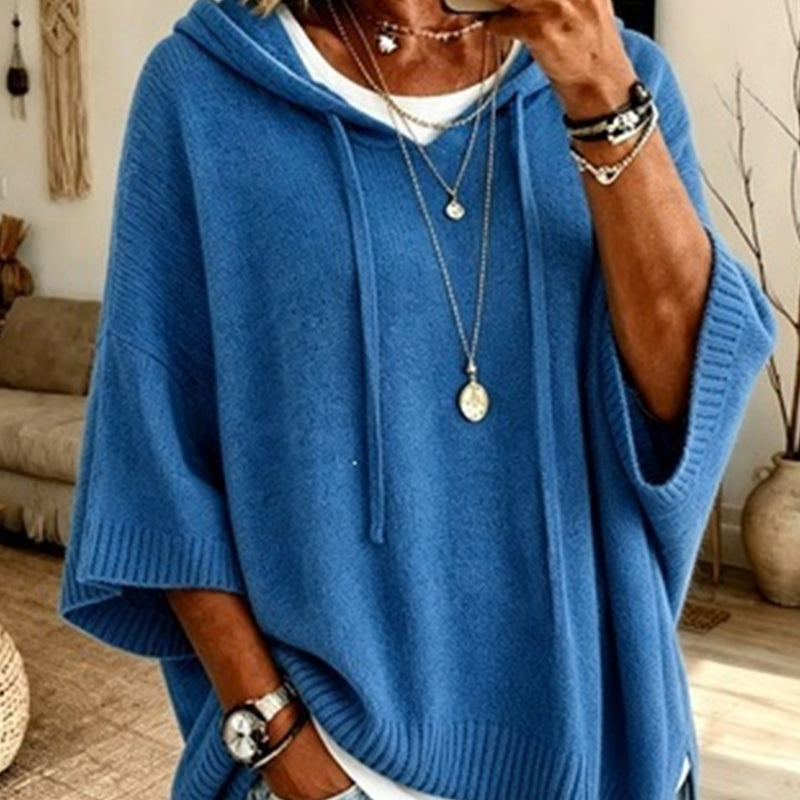 Blue women's hooded drawstring knit pullover