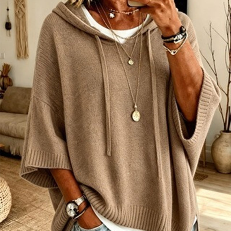 Khaki women's hooded drawstring knit pullover