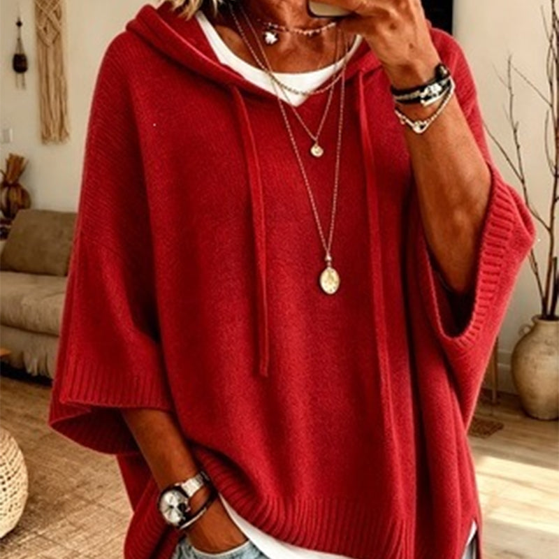 Red women's hooded drawstring knit pullover