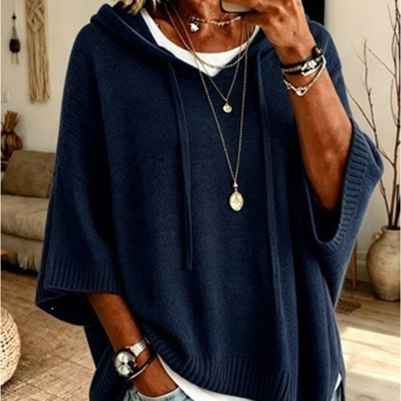 Navy Blue women's hooded drawstring knit pullover