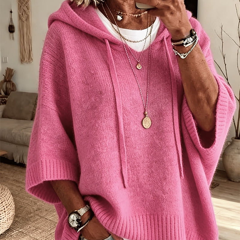 Pink women's hooded drawstring knit pullover