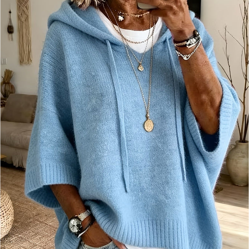 Sky Blue women's hooded drawstring knit pullover