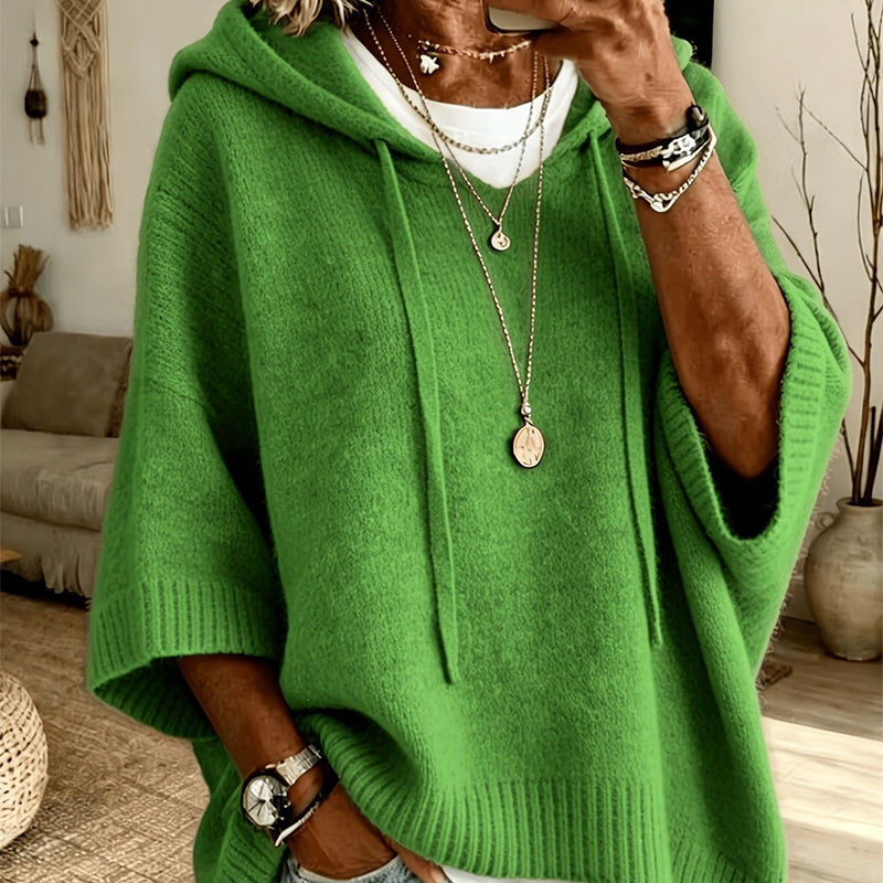 Green women's hooded drawstring knit pullover