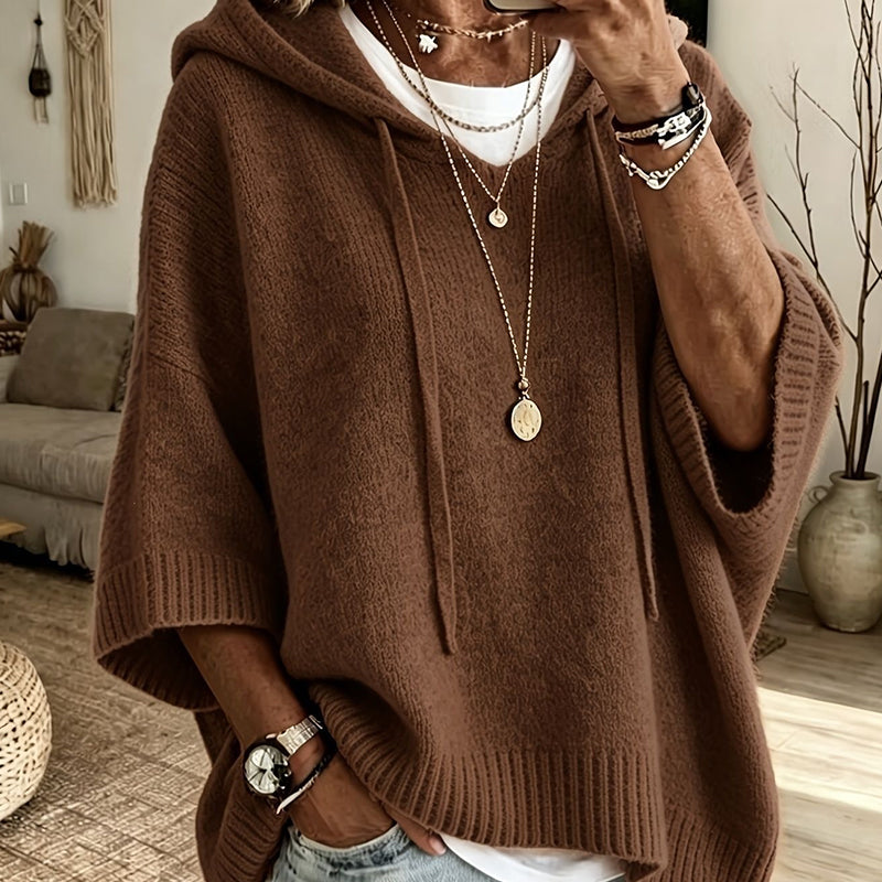 Brown women's hooded drawstring knit pullover