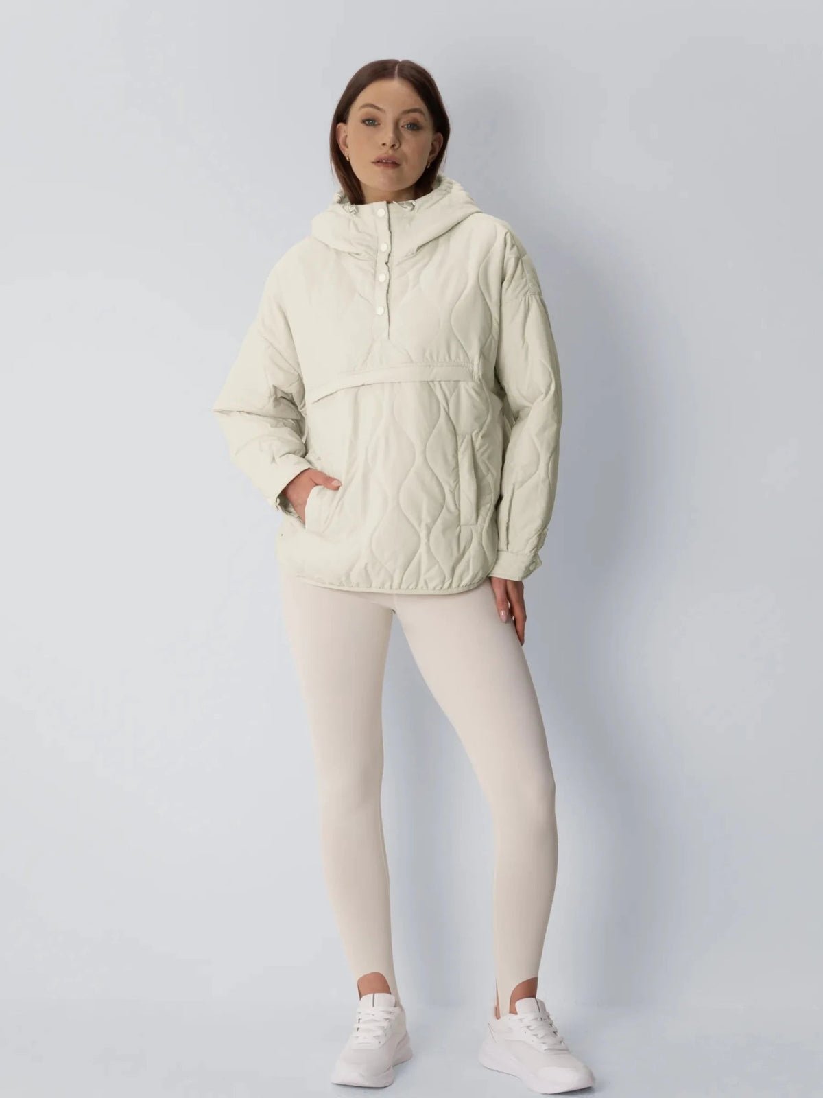 Unisex packable quilted puffer hoodie in pearl white