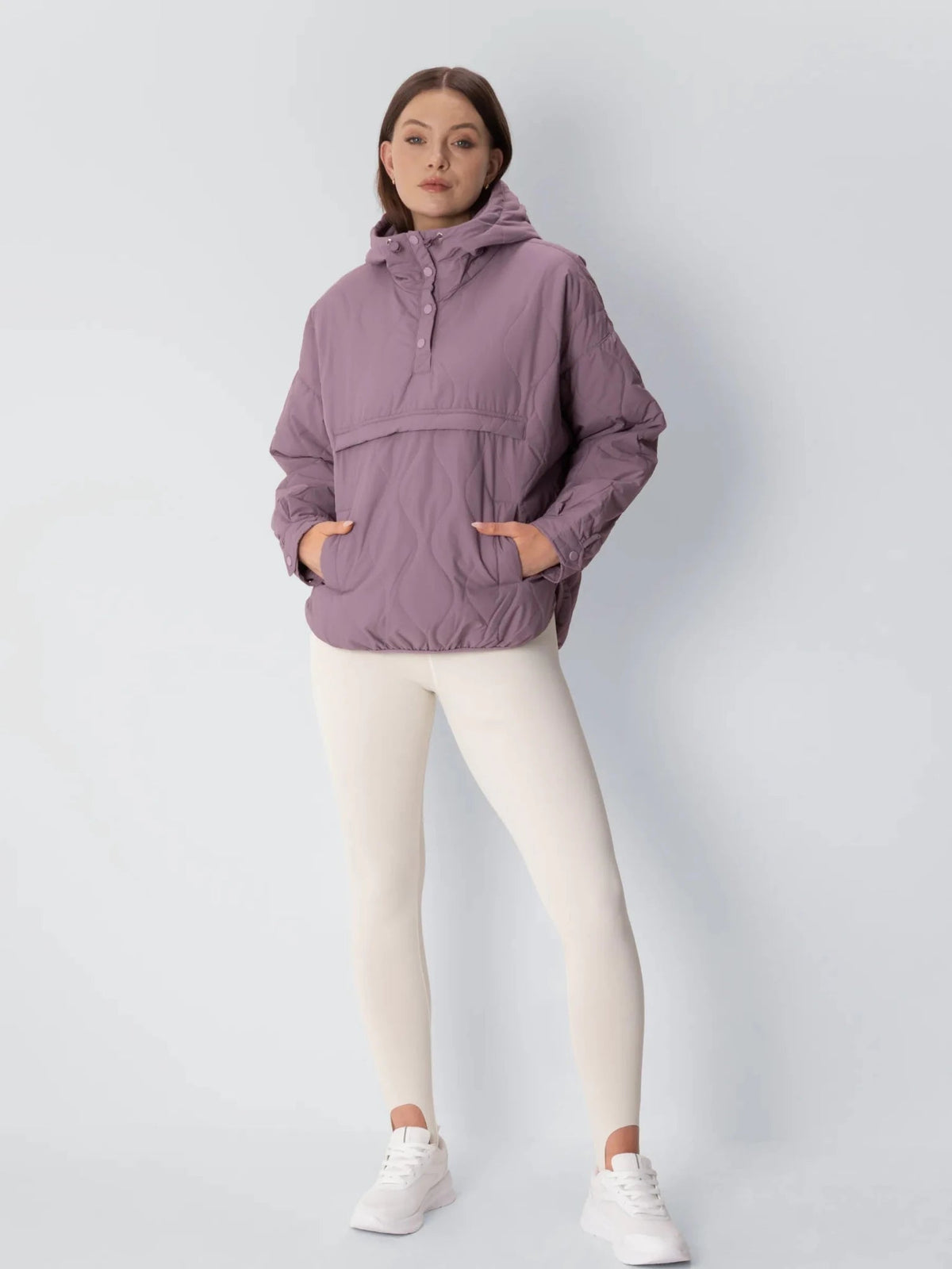 Unisex packable quilted puffer hoodie in purple ash