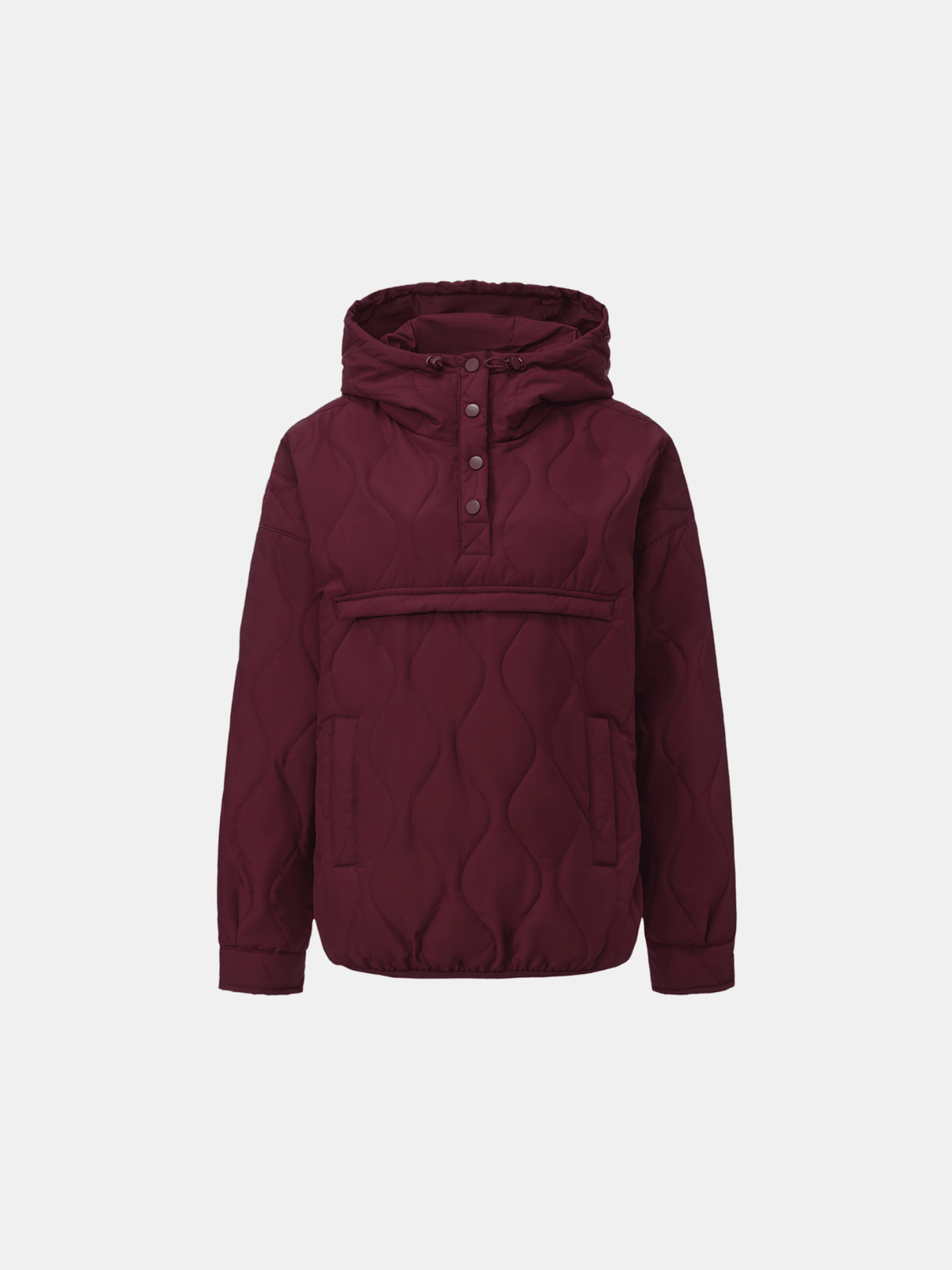 Burgundy packable quilted puffer hoodie on a clean background