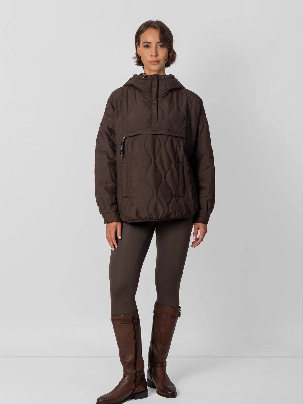 Unisex packable quilted puffer hoodie in mocha brown