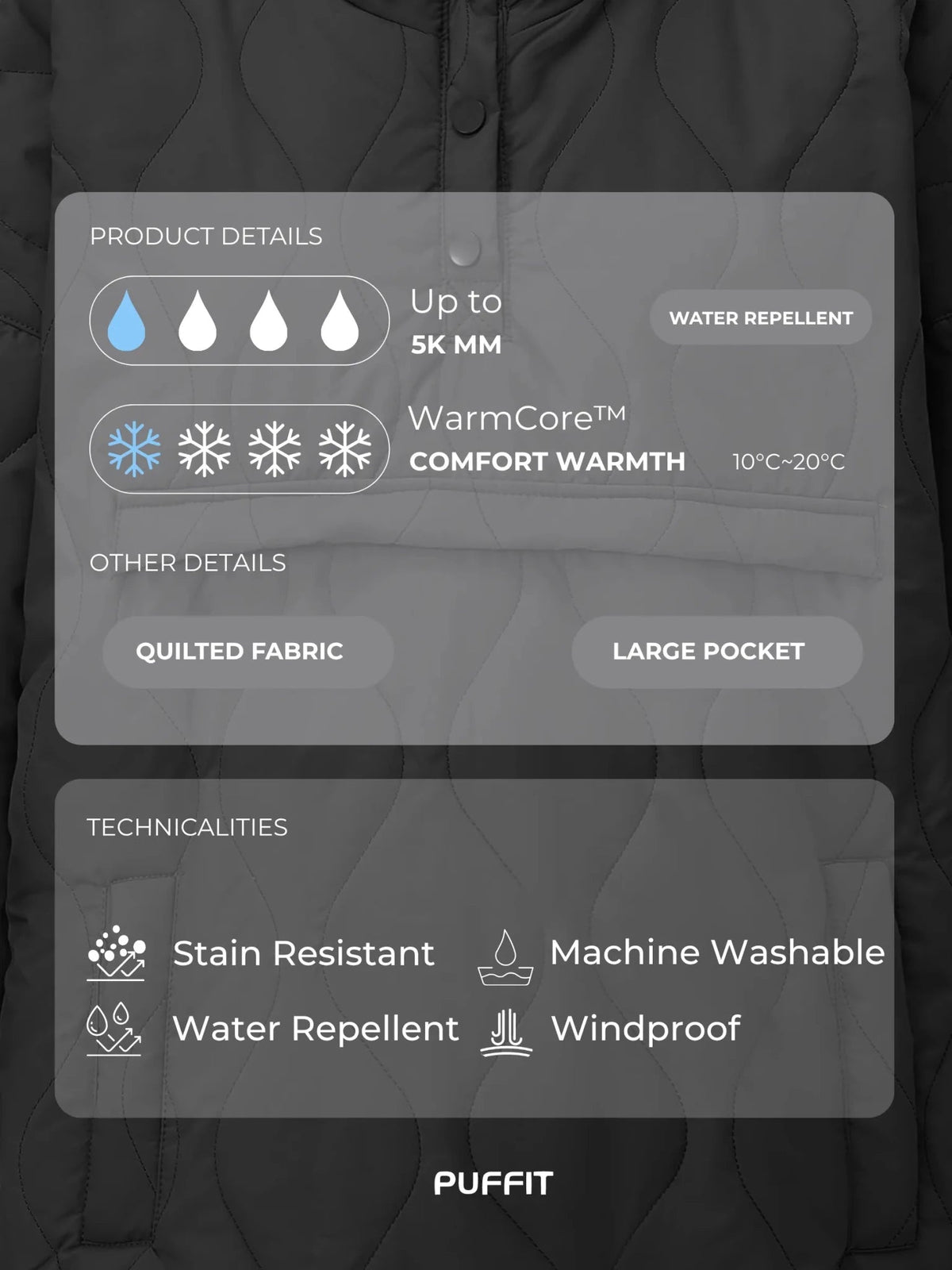 Puffer hoodie features including water repellency, quilted fabric and large pocket